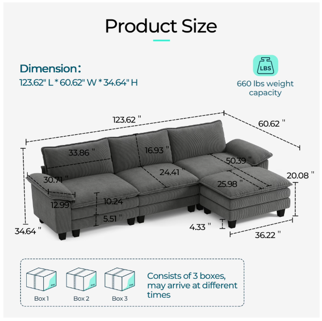 Linsy Home Oversized 5-Piece Sofa Set for Living Room, Comfy Corduroy Living Room Furniture Set Include Sectional Couch, Loveseat, Accent Chair and 2 Movable Ottomans, Grey