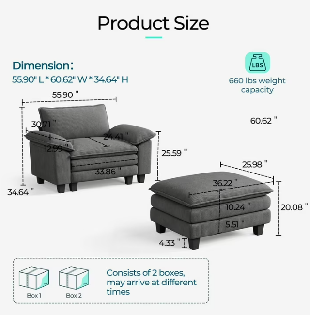 Linsy Home Oversized 5-Piece Sofa Set for Living Room, Comfy Corduroy Living Room Furniture Set Include Sectional Couch, Loveseat, Accent Chair and 2 Movable Ottomans, Grey