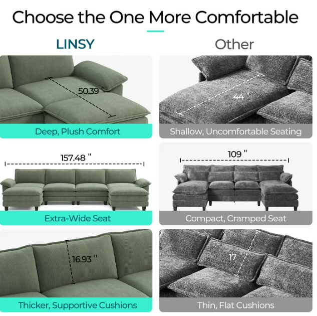 Linsy Home Oversized 5-Piece Sofa Set for Living Room, Comfy Corduroy Living Room Furniture Set Include Sectional Couch, Loveseat, Accent Chair and 2 Movable Ottomans, Grey