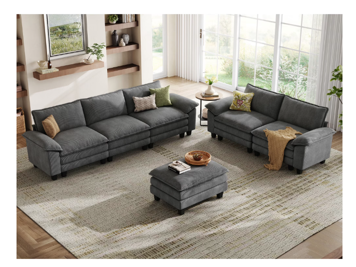 Linsy Home Oversized 3-Piece Sofa Set for Living Room, Comfy Corduroy Living Room Furniture Set Include Sectional Couch, Loveseat and Movable Ottoman, Grey