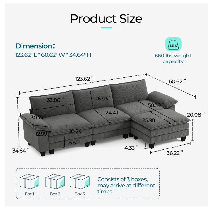 Linsy Home Oversized 3-Piece Sofa Set for Living Room, Comfy Corduroy Living Room Furniture Set Include Sectional Couch, Loveseat and Movable Ottoman, Grey