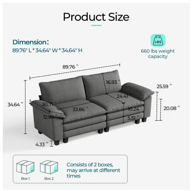 Linsy Home Oversized 3-Piece Sofa Set for Living Room, Comfy Corduroy Living Room Furniture Set Include Sectional Couch, Loveseat and Movable Ottoman, Grey