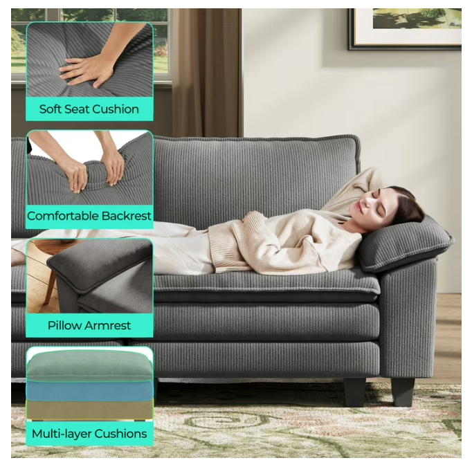 Linsy Home Oversized 3-Piece Sofa Set for Living Room, Comfy Corduroy Living Room Furniture Set Include Sectional Couch, Loveseat and Movable Ottoman, Grey