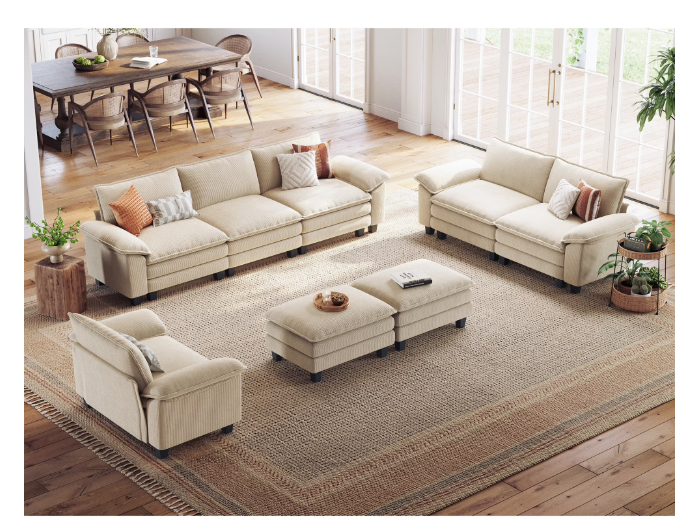Linsy Home Oversized 5-Piece Sofa Set for Living Room, Comfy Corduroy Living Room Furniture Set Include Sectional Couch, Loveseat, Accent Chair and 2 Movable Ottomans, Beige