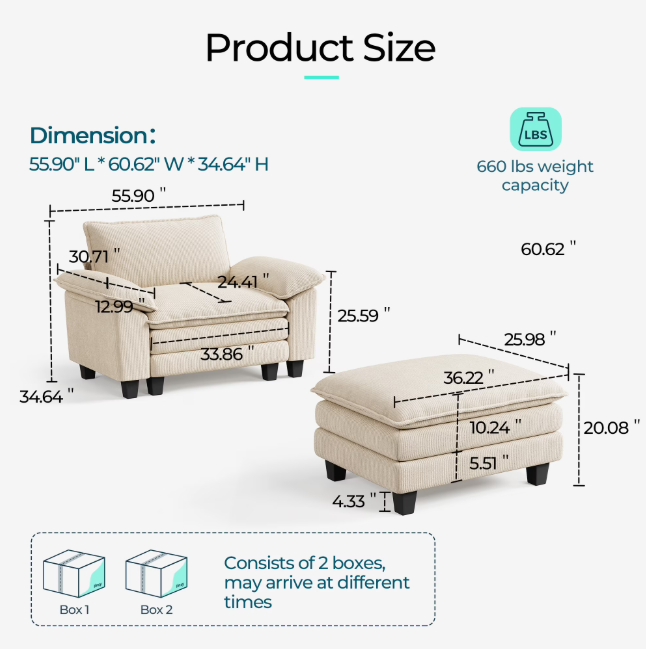 Linsy Home Oversized 5-Piece Sofa Set for Living Room, Comfy Corduroy Living Room Furniture Set Include Sectional Couch, Loveseat, Accent Chair and 2 Movable Ottomans, Beige