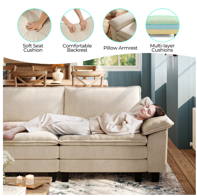 Linsy Home Oversized 5-Piece Sofa Set for Living Room, Comfy Corduroy Living Room Furniture Set Include Sectional Couch, Loveseat, Accent Chair and 2 Movable Ottomans, Beige