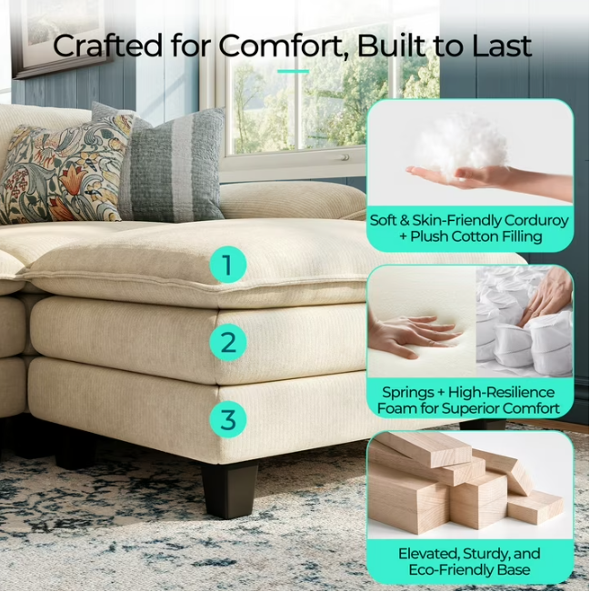 Linsy Home Oversized 5-Piece Sofa Set for Living Room, Comfy Corduroy Living Room Furniture Set Include Sectional Couch, Loveseat, Accent Chair and 2 Movable Ottomans, Beige