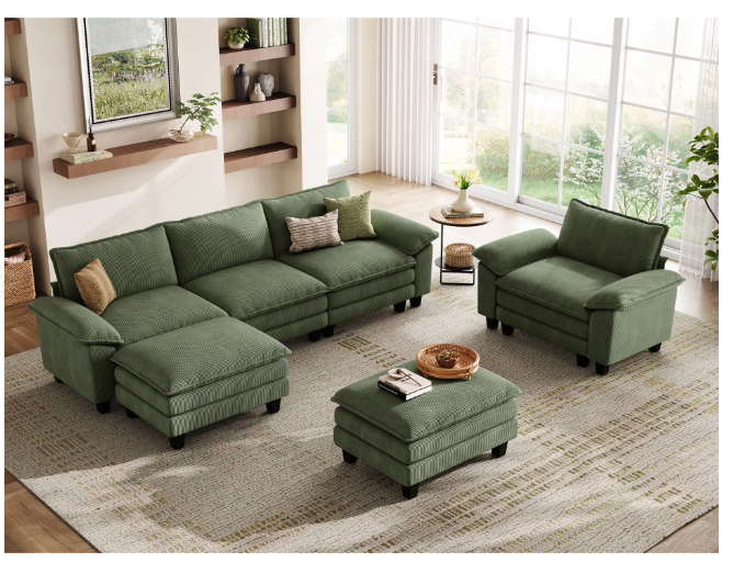 Linsy Home Oversized 4-Piece Sofa Set for Living Room, Comfy Corduroy Living Room Furniture Set Include Sectional Couch, Accent Chair and 2 Movable Ottomans, Green