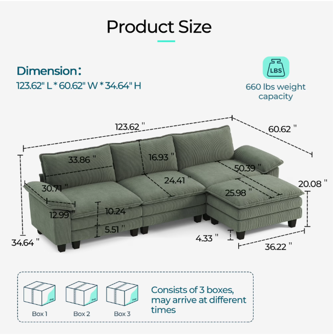 Linsy Home Oversized 4-Piece Sofa Set for Living Room, Comfy Corduroy Living Room Furniture Set Include Sectional Couch, Accent Chair and 2 Movable Ottomans, Green