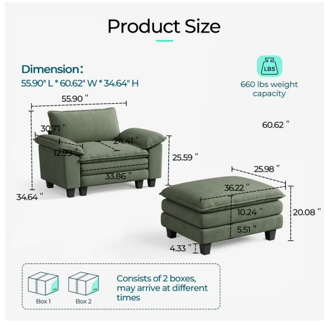 Linsy Home Oversized 4-Piece Sofa Set for Living Room, Comfy Corduroy Living Room Furniture Set Include Sectional Couch, Accent Chair and 2 Movable Ottomans, Green