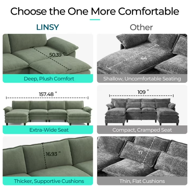 Linsy Home Oversized 4-Piece Sofa Set for Living Room, Comfy Corduroy Living Room Furniture Set Include Sectional Couch, Accent Chair and 2 Movable Ottomans, Green