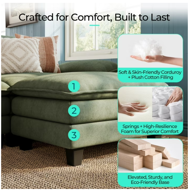 Linsy Home Oversized 4-Piece Sofa Set for Living Room, Comfy Corduroy Living Room Furniture Set Include Sectional Couch, Accent Chair and 2 Movable Ottomans, Green
