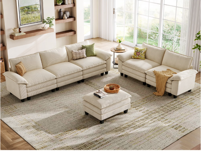Linsy Home Oversized 3-Piece Sofa Set for Living Room, Comfy Corduroy Living Room Furniture Set Include Sectional Couch, Loveseat and Movable Ottoman, Beige