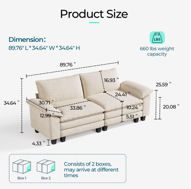 Linsy Home Oversized 3-Piece Sofa Set for Living Room, Comfy Corduroy Living Room Furniture Set Include Sectional Couch, Loveseat and Movable Ottoman, Beige