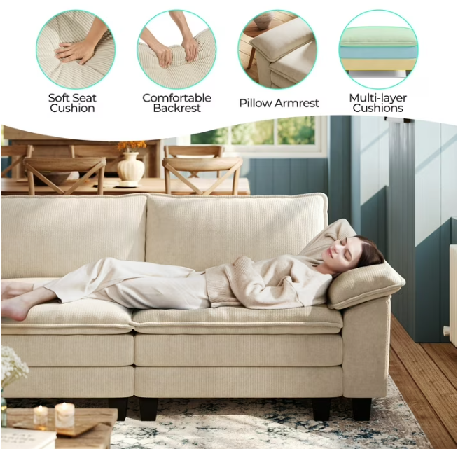 Linsy Home Oversized 3-Piece Sofa Set for Living Room, Comfy Corduroy Living Room Furniture Set Include Sectional Couch, Loveseat and Movable Ottoman, Beige