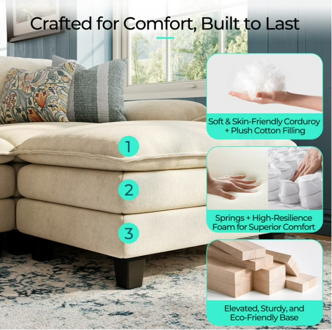 Linsy Home Oversized 3-Piece Sofa Set for Living Room, Comfy Corduroy Living Room Furniture Set Include Sectional Couch, Loveseat and Movable Ottoman, Beige