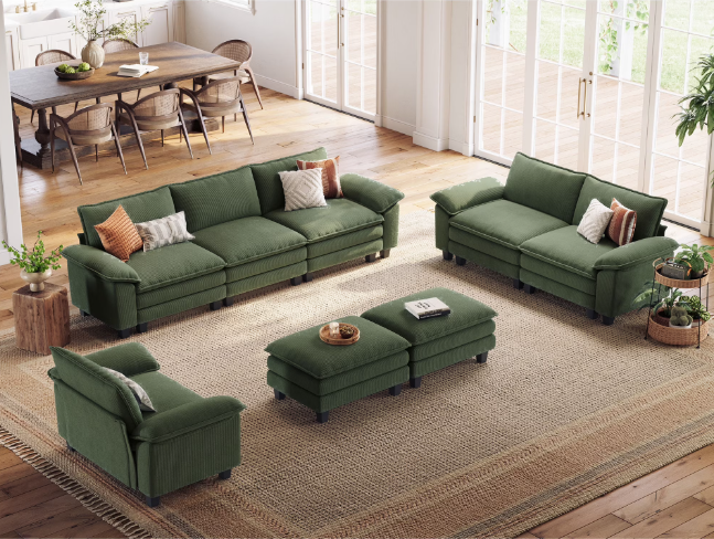 Linsy Home Oversized 5-Piece Sofa Set for Living Room, Comfy Corduroy Living Room Furniture Set Include Sectional Couch, Loveseat, Accent Chair and 2 Movable Ottomans, Green