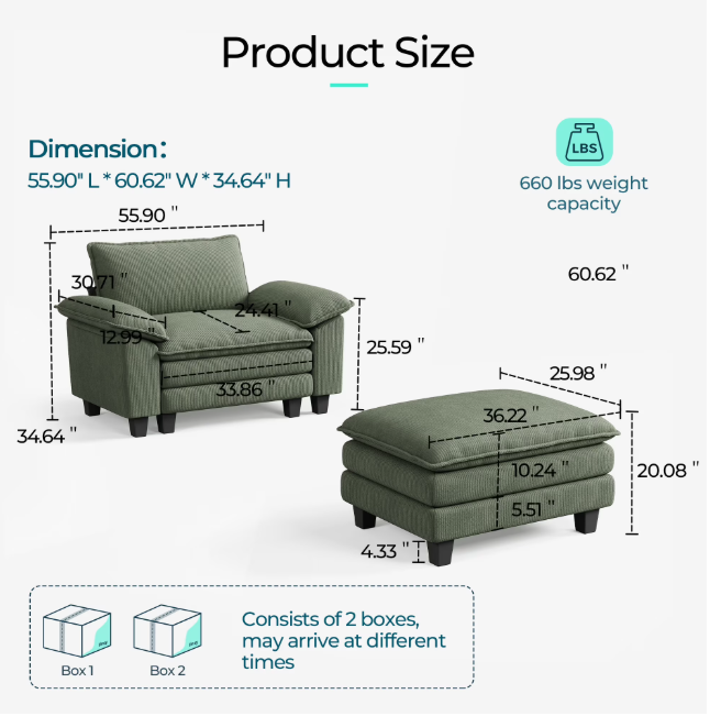 Linsy Home Oversized 5-Piece Sofa Set for Living Room, Comfy Corduroy Living Room Furniture Set Include Sectional Couch, Loveseat, Accent Chair and 2 Movable Ottomans, Green