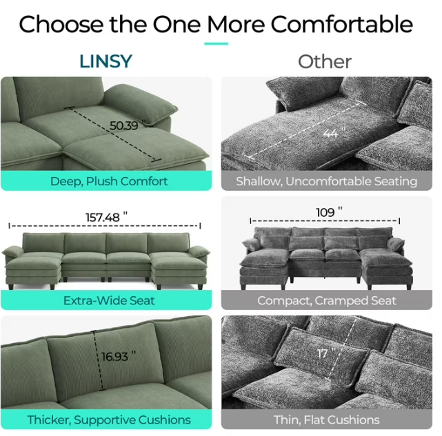 Linsy Home Oversized 5-Piece Sofa Set for Living Room, Comfy Corduroy Living Room Furniture Set Include Sectional Couch, Loveseat, Accent Chair and 2 Movable Ottomans, Green