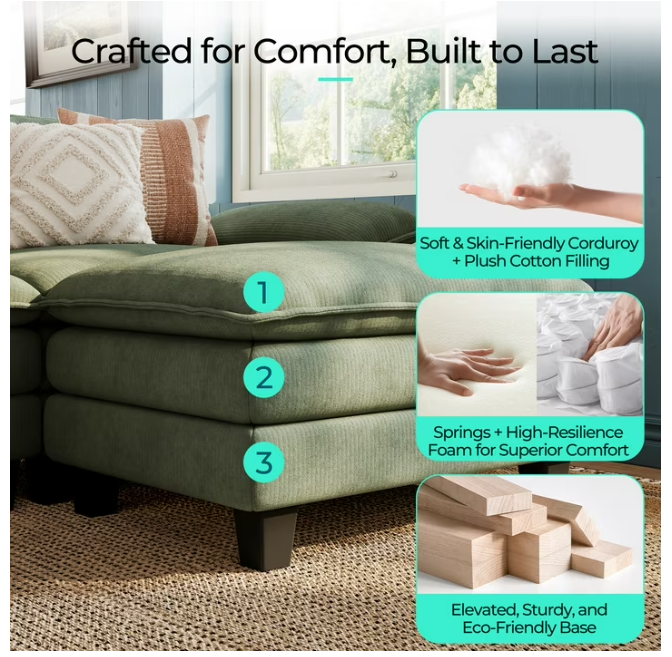 Linsy Home Oversized 5-Piece Sofa Set for Living Room, Comfy Corduroy Living Room Furniture Set Include Sectional Couch, Loveseat, Accent Chair and 2 Movable Ottomans, Green